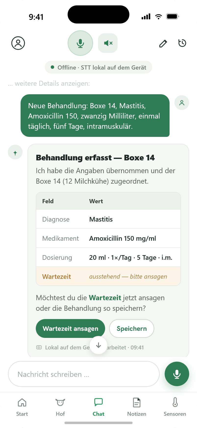 SmartFarm CoPilot · Mobiler Sprachassistent — Chat-Dialog zur Behandlungsdokumentation